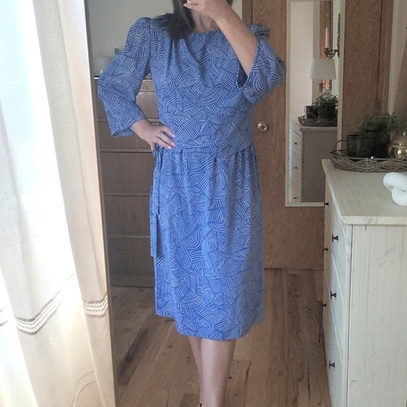 American Vintage Dresses & Skirts - Vintage 80s Wrap Midi Dress Blue White medium